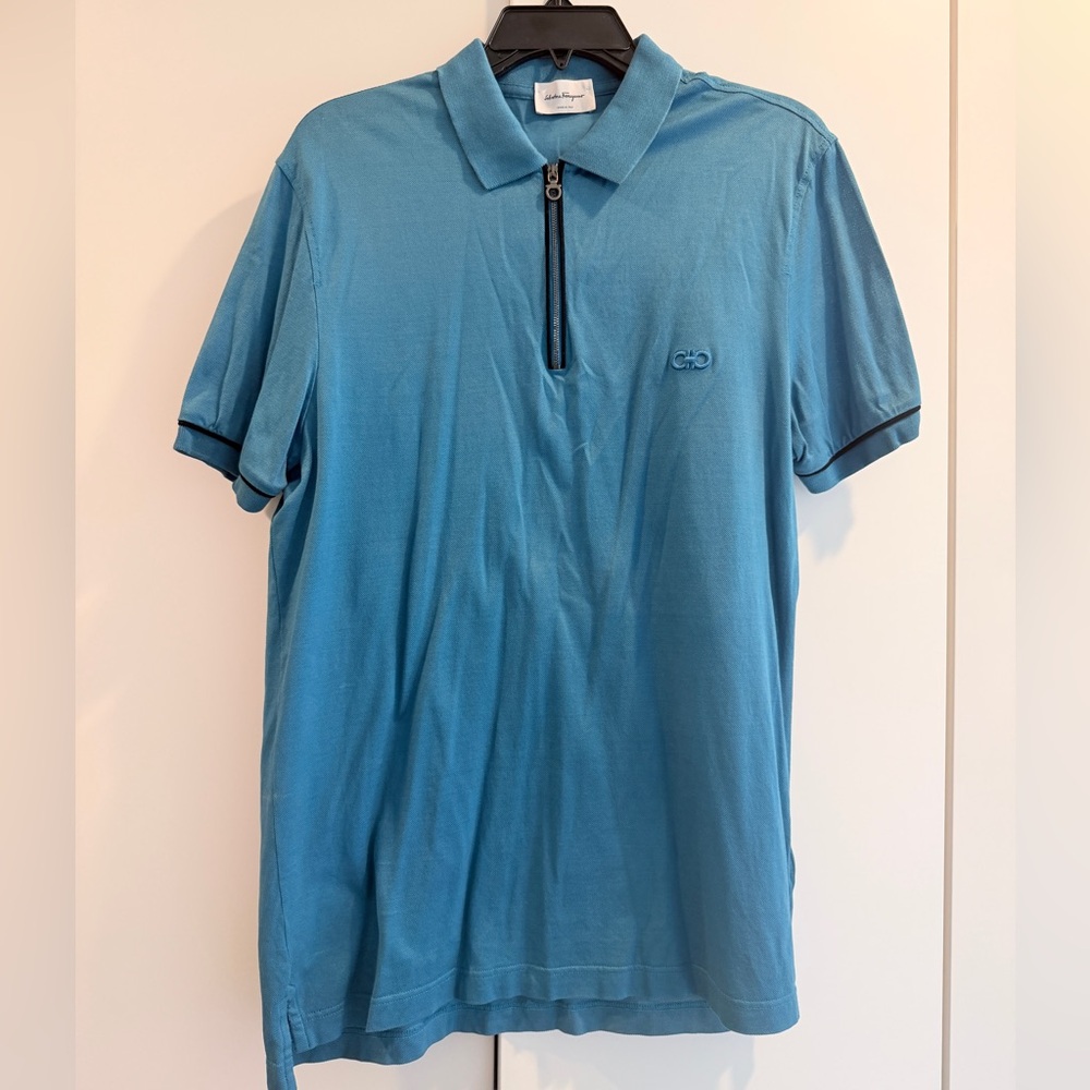 Salvatore Ferragamo Men's Blue Zip Polo Shirt